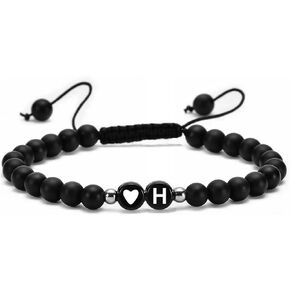 Initial Bracelets for Women Men Adjustable Letter A-Z Braided Black Stone Beads Bracelets Heart Link Friendship Jewelry
