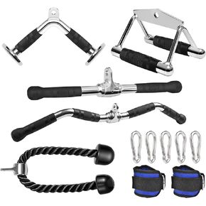 6 Pieces Cable Machine Accessories Set - LAT Bar Cable Machine Attachment, Double D Handle, V-Shaped Bar, Tricep Rope, Rotating Straight Bar & Ankle Straps, for Arm Strength Workout Training