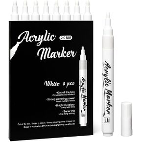 White Markers Pen, 8 Pack White Paint Pens, Fine Tip, Acrylic White Permanent Markers for Black Paper, Sketching, Drawing, Wood, Rock, Tyres, Plastic, Leather, Glass, DIY Painting