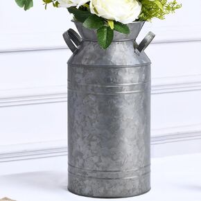 12" inch, Large Galvanized Metal Farmhouse Centerpieces Milk Can Jug for Kitchen Cabinets Bedroom Decoration, Rustic Table Tin Vase, Vintage Country Flower Holder Pitcher, House Warming Gifts
