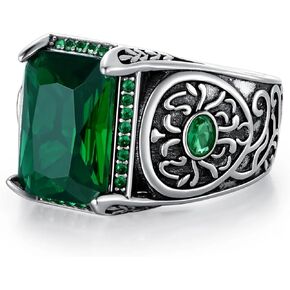 Emerald Gemstone Ring for Men Square Emerald Silver Ring with Emerald Gemstone Sterling Silver Unique Vintage Retro Pattern Ring Jewelry for Men Boy Father's Day Gift Sizes 4 to 16