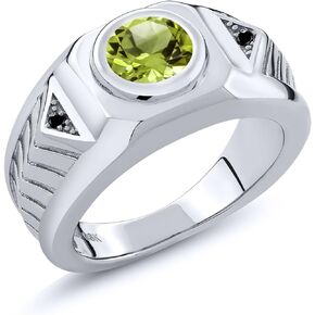 Gem Stone King Men's 925 Sterling Silver Round Green Peridot and Black Diamond Ring (1.95 Cttw, Gemstone Birthstone, Available In Size 7, 8, 9, 10, 11, 12, 13)
