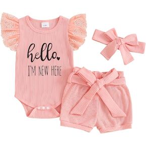 CREAIRY Newborn Baby Girl Summer Clothes Hello I'm New Here Ruffle Short Sleeve Romper Tops Shorts Set Coming Home Outfit