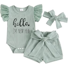 CREAIRY Newborn Baby Girl Summer Clothes Hello I'm New Here Ruffle Short Sleeve Romper Tops Shorts Set Coming Home Outfit