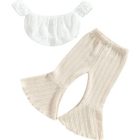 2PCS Infant Baby Girls Summer Outfits Solid Color Off-shoulder Lace Crop Tops + Elastic Waist Flare Pants Set