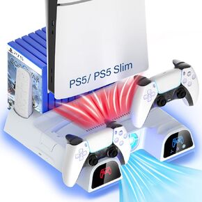 PS5 & PS5 Slim Cooling Station Stand with Controller Charging Station for Playstation 5 Digital & Disc Edition Console, Nargos PS5 & PS5 Slim Accessories with 3 Level Cooler Fan