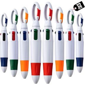 Retractable Shuttle Pens with Carabiner Clip - Pack of 12 Bulk Mini 4-in-1 Multi-Colored Ink Ballpoint Pens with Keychain for Adults, Kids, Nurses, School, Stocking Stuffer Gifts, Party Favors