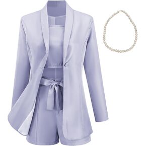 aromm 3 Pieces Business Outfits for Womens Comfortable Long Sleeve Blazer & Tied Shorts & Camisole Suits Set