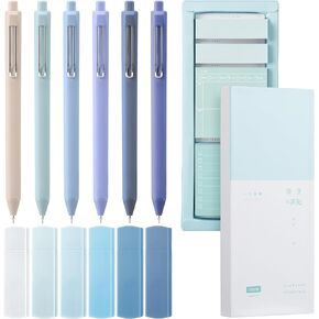 Aesthetic Stationery Set School Supplies Sticky Notes Set 6 Mini Correction Tapes 6 Retractable Black Ink Pens 0.5mm Fine Point Paper Corrective Pen Self Stick Index Tabs (Green)