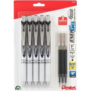 Pentel Energel 0.5 mm Pearl Liquid Gel Ink Pens - Needle Tip - Fine Point - Pack of 5 Rtx Retractable Deluxe Gel Pens With 3 Refills