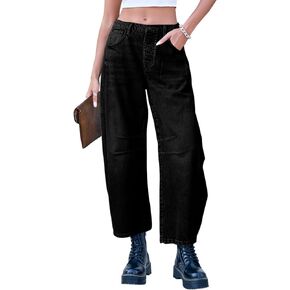 Sexyasasii Barrel Jeans Women Wide Leg Mid-Rise Denim Ankle Pants Y2k Baggy Boyfriend Jeans with Pockets
