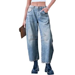 Sexyasasii Barrel Jeans Women Wide Leg Mid-Rise Denim Ankle Pants Y2k Baggy Boyfriend Jeans with Pockets