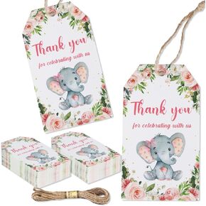 Elephant Thank You Tags, 50pcs Purple Gift Tags with String, Thank You for Celebrating with Us Tags Floral Thank You Tags for Engagement Weddings Bridal Showers Elephant Theme Birthdays Parties