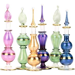 Egyptian Perfume Bottles Set Of 6 Size 4" mouth-blown with handmade golden Egyptian decoration for Perfumes & Essential Oils.
