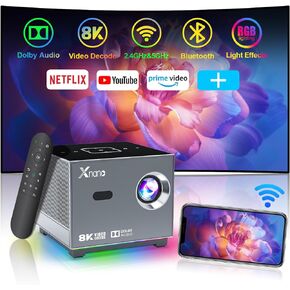 [8K/4K Video Decode Support & Electric Focus] XNANO Mini Projector with 5G WiFi and Bluetooth, Portable Outdoor Smart Movie Projector for iOS/Android/TV Stick with LED Lighting, Built-in More App Grey