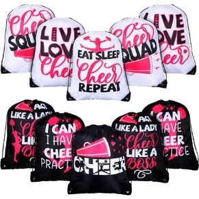 Eccliy 10 Pcs Cheerleaders Drawstring Backpack Bulk Cheer Drawstring Gym Bags Eat Sleep Cheer Gift Bags for Youth Sport Team(Classic Pattern)