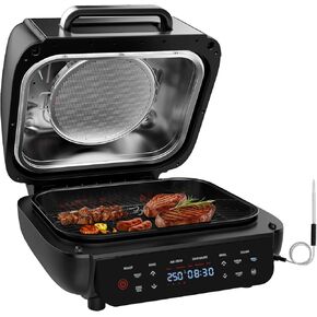 Parmedu Air Fryer Indoor Grill: 12-in-1 Smokeless Electric Air Grill with Roast, Broil, Steam, Dehydrate up to 480°F, 1800W Contact Grill with Non-stick Dishwasher-safe Plates, Smart Thermometer, 6Qt