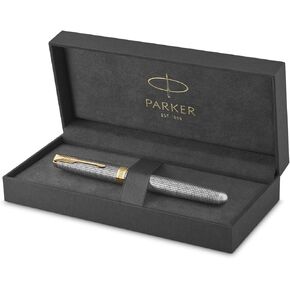 PARKER Sonnet Fountain Pen, Chiseled Silver with Gold Trim, Solid 18k Gold Fine Nib (1931489)