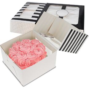 Spec101 Cake Boxes 10 Inch - 10pk Bulk Striped Black and White Pastry Boxes with Clear Window - Disposable Wholesale Take Out Bakery Box for Donuts, Pies, Bundt Cakes, and Cheesecakes