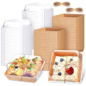 100 Pieces Paper Charcuterie Boxes with Clear Plastic Lid 4 Inch 5 Inch Disposable Food Containers Bulk Cake Slice Container Box with Brown Rope for Bakery Sandwich Cake Slice Desserts Pastry