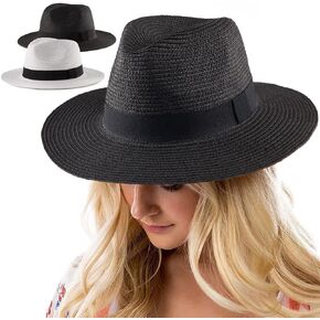 Womens Fedora Hats Wide Brim Straw Hat 2 Pack Panama Hats for Women Men Sun Hat Summer Hat Beach Hat