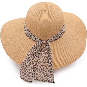 surell Summer Straw Hat with Leopard Print Bow - Hand Woven Beach Sunhat - Perfect Beach Gift (Natural)