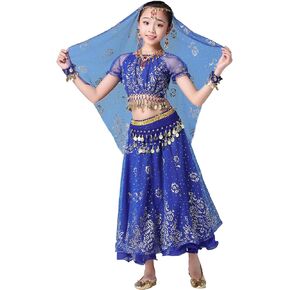 Belly Dancing Costume Pleated Dress Set for Girls Halloween Indian Performence Suits 5-Piece Outfit