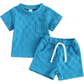 Newborn Baby Girl Boy Summer Clothes Checkered Plaid Short Sleeve T-Shirt Tops Shorts Set Color Block Outfit