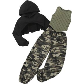 COZYEASE Girl's 3 Piece Outfits Solid 3/4 Sleeve Cropped Hoodie Ribbed Knit Tank Tops and Camo Print Sweatpants Sets