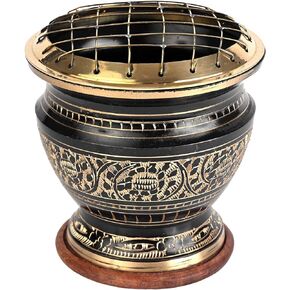 Tall Decorated Brass Charcoal Screen Incense Burner - 4" Tall - Coaster Included