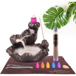 OTOFY حامل بخور مبخرة بتدفق خلفي مصنوع يدويًا مع 90 مخروط بخور + 50 مجموعة من أعواد البخور، زخرفة عطرية لتزيين المنزل وتمثال زينة الهدايا (سمكة بنية مزدوجة) in Kuwait