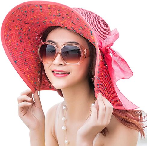 Itopfox Womens Foldable Floppy Big Bowknot Straw Sun Hat Wide Brim Summer Beach Vacation UV UPF 50 in Kuwait