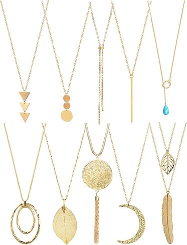 Akeoqi 10 قطع طويلة قلادة قلادة سترة قلادة للنساء دائرة شرابة ريشة ورقة المسيل للدموع مثلث Y-شكل قلادة قلادة مجموعة مجوهرات الذهب والفضة لهجة in Kuwait