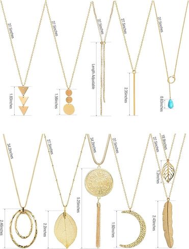 Akeoqi 10 قطع طويلة قلادة قلادة سترة قلادة للنساء دائرة شرابة ريشة ورقة المسيل للدموع مثلث Y-شكل قلادة قلادة مجموعة مجوهرات الذهب والفضة لهجة in Kuwait