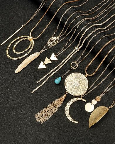 Akeoqi 10 قطع طويلة قلادة قلادة سترة قلادة للنساء دائرة شرابة ريشة ورقة المسيل للدموع مثلث Y-شكل قلادة قلادة مجموعة مجوهرات الذهب والفضة لهجة in Kuwait