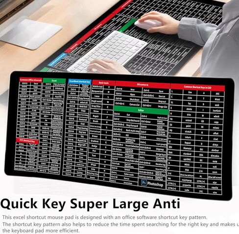 لوحة ماوس ذات اختصارات Excel، لوحة مفاتيح مضادة للانزلاق مع اختصارات، لوحة ماوس للألعاب، لوحة مفاتيح كبيرة جدًا بمفتاح سريع - مع نمط اختصارات برامج المكتب (31.5 * 11.8 بوصة) in Kuwait