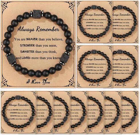 12 Pcs Black Beaded Bracelet Set Natural Healing Stone Stretch Bulk Bracelet for Men Lava Rock Bracelets for Men Stone Jewelry Gifts for Christmas Birthday in Saudi Arabia