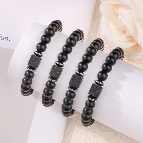 12 Pcs Black Beaded Bracelet Set Natural Healing Stone Stretch Bulk Bracelet for Men Lava Rock Bracelets for Men Stone Jewelry Gifts for Christmas Birthday in Saudi Arabia