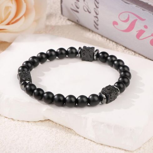 12 Pcs Black Beaded Bracelet Set Natural Healing Stone Stretch Bulk Bracelet for Men Lava Rock Bracelets for Men Stone Jewelry Gifts for Christmas Birthday in Saudi Arabia