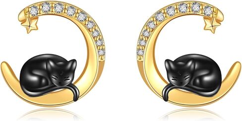 14k الذهب الحقيقي القط أقراط Delicate14k الذهب الأصفر القط وأقراط الهلال القمر الأسود القط مجوهرات هدايا للنساء الفتيات عشاق القط in Kuwait