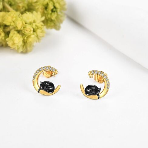 14k الذهب الحقيقي القط أقراط Delicate14k الذهب الأصفر القط وأقراط الهلال القمر الأسود القط مجوهرات هدايا للنساء الفتيات عشاق القط in Kuwait