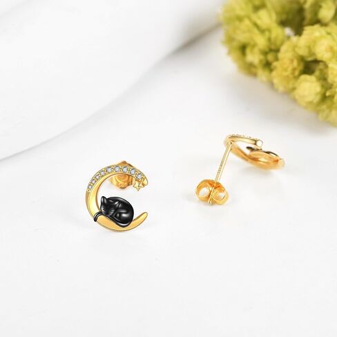 14k الذهب الحقيقي القط أقراط Delicate14k الذهب الأصفر القط وأقراط الهلال القمر الأسود القط مجوهرات هدايا للنساء الفتيات عشاق القط in Kuwait