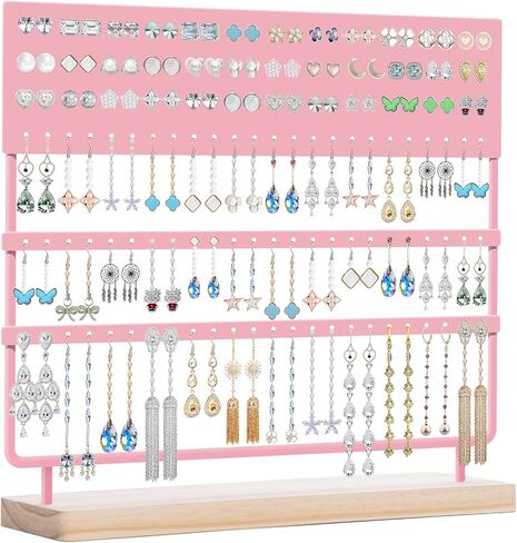 Earring Organizer 144 Holes Earring Holder Display Stand with Wooden Base Pink in Saudi Arabia
