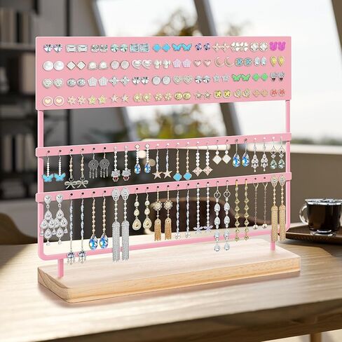 Earring Organizer 144 Holes Earring Holder Display Stand with Wooden Base Pink in Saudi Arabia