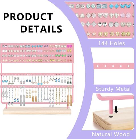 Earring Organizer 144 Holes Earring Holder Display Stand with Wooden Base Pink in Saudi Arabia