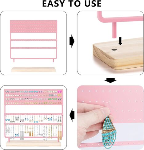 Earring Organizer 144 Holes Earring Holder Display Stand with Wooden Base Pink in Saudi Arabia