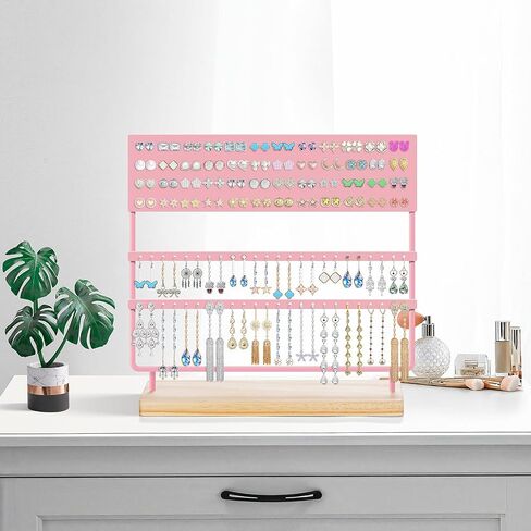 Earring Organizer 144 Holes Earring Holder Display Stand with Wooden Base Pink in Saudi Arabia