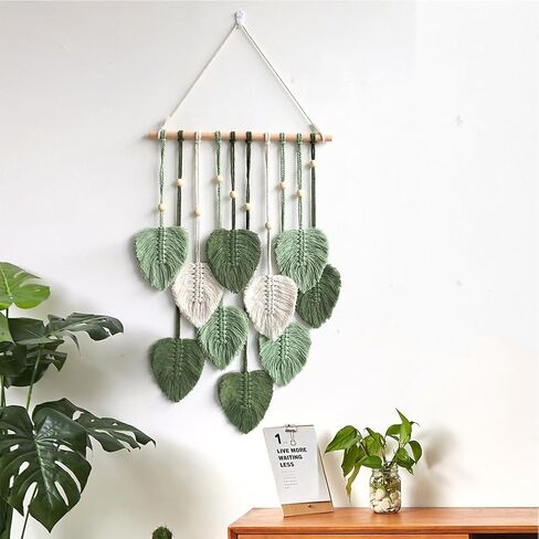 Kakalote Macrame جدار معلق على شكل أوراق شجر منسوجة، ديكور بوهوس ريش أنيق كبير، ديكورات فنية جدارية حديثة، لخلفية غرفة المعيشة وغرفة النوم والحضانة (أخضر) in Kuwait