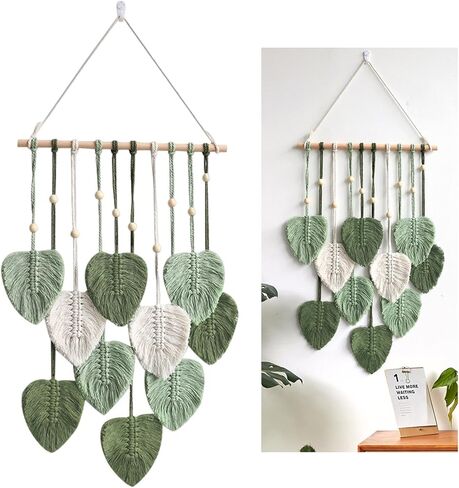 Kakalote Macrame جدار معلق على شكل أوراق شجر منسوجة، ديكور بوهوس ريش أنيق كبير، ديكورات فنية جدارية حديثة، لخلفية غرفة المعيشة وغرفة النوم والحضانة (أخضر) in Kuwait
