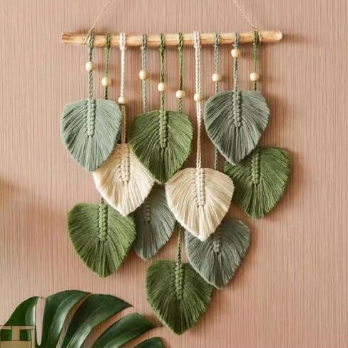 Kakalote Macrame جدار معلق على شكل أوراق شجر منسوجة، ديكور بوهوس ريش أنيق كبير، ديكورات فنية جدارية حديثة، لخلفية غرفة المعيشة وغرفة النوم والحضانة (أخضر) in Kuwait